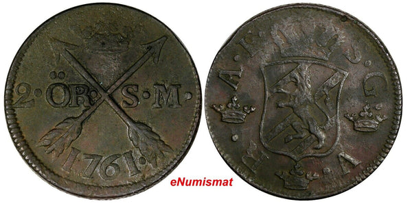 SWEDEN Adolf Frederick Copper 1761 S.M. 2 Ore Mintage:422,000 KM#461 (14 629)