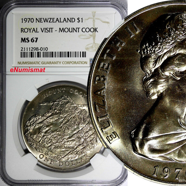 New Zealand Elizabeth II 1970 $1 Dollar NGC MS67 Royal Visit-Mount Cook KM#42(0)