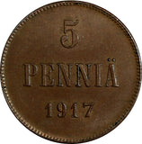 Finland Nicholas II Civil War Copper 1917 5 Penniä 1 Year Type KM# 17  (18 736)