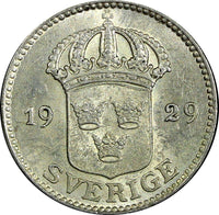 Sweden Gustaf V Silver 1929 G  25 Öre aUNC  KM# 785 (22 054)