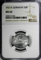 Germany, Weimar Republic 1921 A 50 Pfennig NGC MS64 Berlin Mint KM# 27 (043)