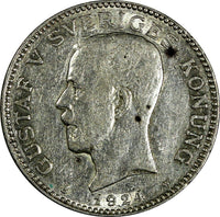 Sweden Gustaf V Silver 1924 W 1 Krona No Dots in Date SCARCE KM# 786.2 (17 852)