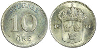 SWEDEN Gustaf V Silver 1931 G 10 Öre UNC KM# 780 (22 143)