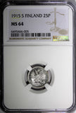 FINLAND Nicholas II Silver 1915 S 25 Pennia NGC MS64 WWI GEM BU KM #6.2 (005)