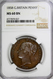 GREAT BRITAIN Victoria Copper 1858 1 Penny NGC MS60 BN  KM# 739 (027)