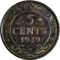 Canada NEWFOUNDLAND George V Silver 1929 5 Cents Nice Toned  KM# 13 (19 907)