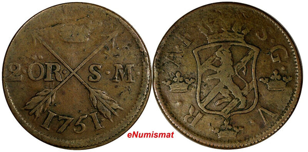 SWEDEN Adolf Frederick (1751-1771) Copper 1751 S.M.2 Ore 33.7 mm KM# 461 (14594)