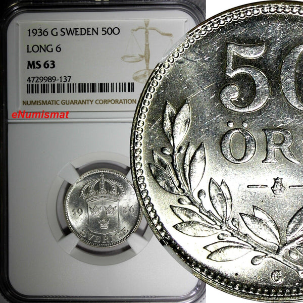 SWEDEN Gustaf V SILVER 1936 G 50 Ore Long "6" NGC MS63 TOP GRADED KM#788 (137)