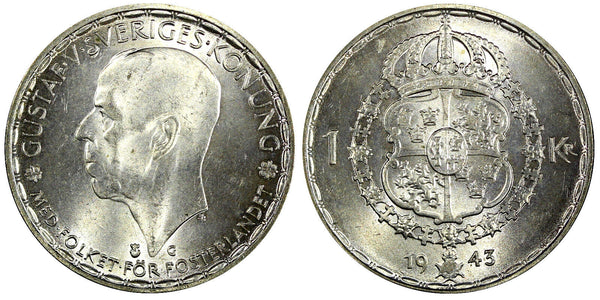Sweden Gustaf V Silver 1943 G 1 Krona Choice UNC 25mm KM# 814 (22 110)