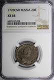 Russia Catherine II Silver 1778 SPB 20 Kopecks NGC XF45 "ВСЕРОСС" C# 63b (038)