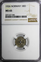 Norway Haakon VII Copper-Nickel 1926 10 Ore NGC MS65 TOP GRADED BY NGC  KM# 383