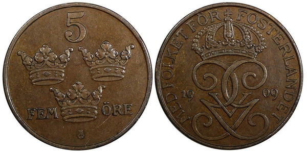 Sweden Gustaf V 1909 5 Öre Large cross on Crown SCARCE KM# 779.2 (20 611)