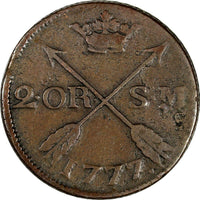 Sweden Gustaf III Copper 1777 SM 2 Ore  Small Date 33.5 mm KM# 518 (19 609)