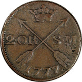 Sweden Gustaf III Copper 1777 SM 2 Ore  Small Date 33.5 mm KM# 518 (19 609)