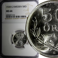 SWEDEN Gustaf V Silver 1928 G 50 Ore NGC MS64 GEM BU COIN KM# 788 (16)