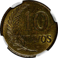 PERU Brass 1946 10 Centavos NGC MS62 Toned TOP GRADED BY NGC KM# 224.1