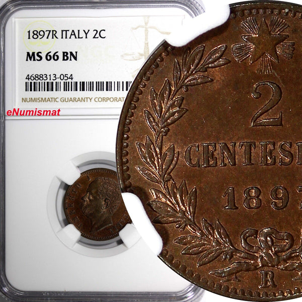 ITALY Umberto I Copper 1897 R 2 Centesimi NGC MS66 BN TOP GRADED KM# 30 (054)