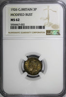 Great Britain George V Silver 1926 3 Pence NGC MS62 MODIFIED BUST KM# 827 (002)