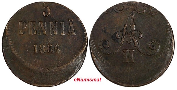 Finland Alexander II Copper 1866 5 Penniä Unusual Mint Error SCARCE KM# 4.1 (38)