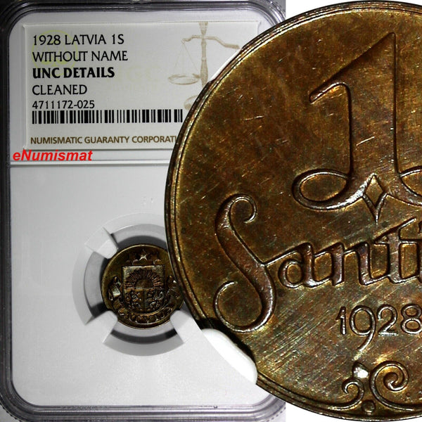 LATVIA Bronze 1928 1 Santims NGC UNC DET. KEY DATE SCARCE KM# 1 (025)