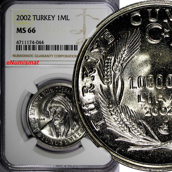Turkey Yunus Emre Copper-Nickel 1 000 000 Lira NGC MS66 KM# 1163 (044)