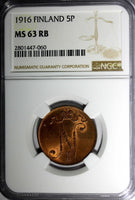 Finland Russian Tsar Nicolas II (1895-1917) 1916 5 Pennia NGC MS63 RB KM# 15 (0)