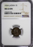 Latvia Bronze 1924 1 Santims NGC MS63 BN Toning Struck at Switzerland.KM# 1 (43)