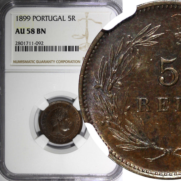 Portugal Carlos I Bronze 1899 5 Reis NGC AU58 BN KM# 530 (092)