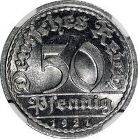 Germany,Weimar Republic 1921 J 50 Pfennig NGC MS64+ 1 GRADED HIGHER KM# 27 (7)