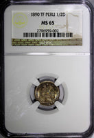 Peru SOUTH PERU Silver 1890 TF 1/2 Dinero NGC MS65 RAINBOW TONED KM# 206.1