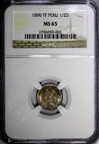 Peru SOUTH PERU Silver 1890 TF 1/2 Dinero NGC MS65 RAINBOW TONED KM# 206.1