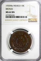 Mexico Bronze 1935 Mo 10 Centavos NGC MS62 BN  30.5mm Last Year KM# 430