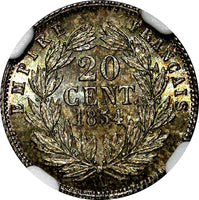 FRANCE Napoleon III Silver 1854 A 20 Centimes NGC MS64 Toning KM# 778.1 (058)