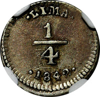 Peru Silver 1842 1/4 Real Lima Mint NGC XF40  KM# 143.1