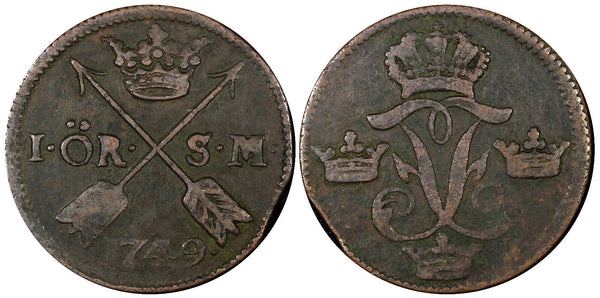 Sweden Frederick I Copper 1749 1 Ore, S.M. 29,75mm  KM# 416.1  (21 162)