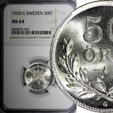 SWEDEN Gustaf V Silver 1928 G 50 Ore NGC MS64 GEM BU COIN KM# 788 (43)