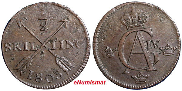 SWEDEN COPPER Gustaf IV Adolf  1803 1/2 Skilling KM# 565 (2633)