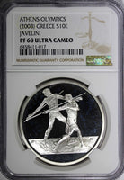 Greece Silver Olympics Sports Javelin 2003 10 Euro NGC PF68 ULTRA CAMEO KM# 193
