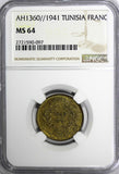 TUNISIA Anonymous Aluminum-Bronze AH1360//1941 1 Francs NGC MS64 TOP GRADE KM247