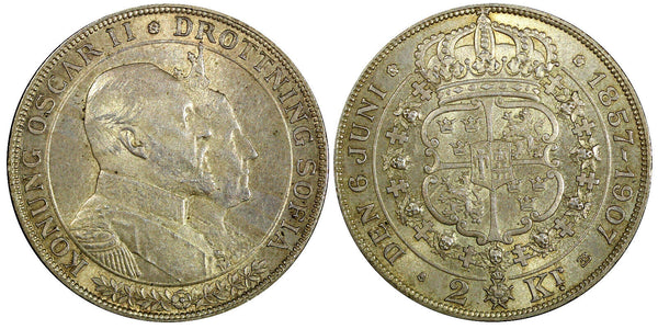 SWEDEN Oscar II Silver 1907 EB 2 Kronor Golden Wedding Anniversary KM# 776 (125)