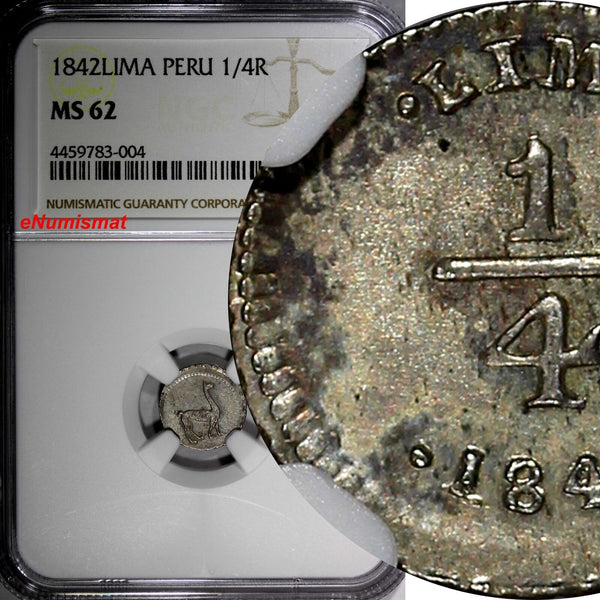 PERU Silver 1842 LIMA 1/4 Real NGC MS62  ONLY 1 GRADED HIGHER KM# 143.1 (004)