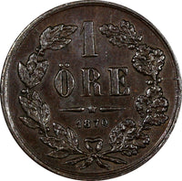 Sweden Carl XV Adolf Bronze 1870 1 Ore XF Condition KM# 705 (10 061)