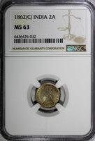 India-British Victoria Silver 1862 (C) 2 Annas Calcutta NGC MS63 KM# 469 (032)