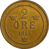 Sweden Oscar II Bronze 1893 2 Öre large letters GEM BU COIN KM# 746 (21 943)