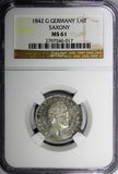 German States SAXONY-ALBERTINE Silver 1842 G 1/6 Thaler NGC MS61 KM# 1161 (17)