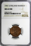 Finland Copper 1941 S 1 Markka WWII Issue NGC MS63 RB TOP GRADED KM# 30a (027)