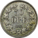 Sweden Oscar II Silver 1880 EB 50 Öre Mintage-188,000 SCARCE DATE KM# 740 (856)
