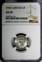 GREAT BRITAIN George VI Silver 1940 6 Pence NGC AU58  KM# 852 (216)