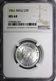 MALI Aluminium 1961 25 Francs Maliens NGC MS64 Lion's Head KM# 4 (077)