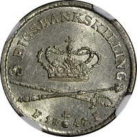 Denmark Christian VIII Silver 1842 K FF 3 Rigsbankskilling NGC MS64 KM# 729 (5)